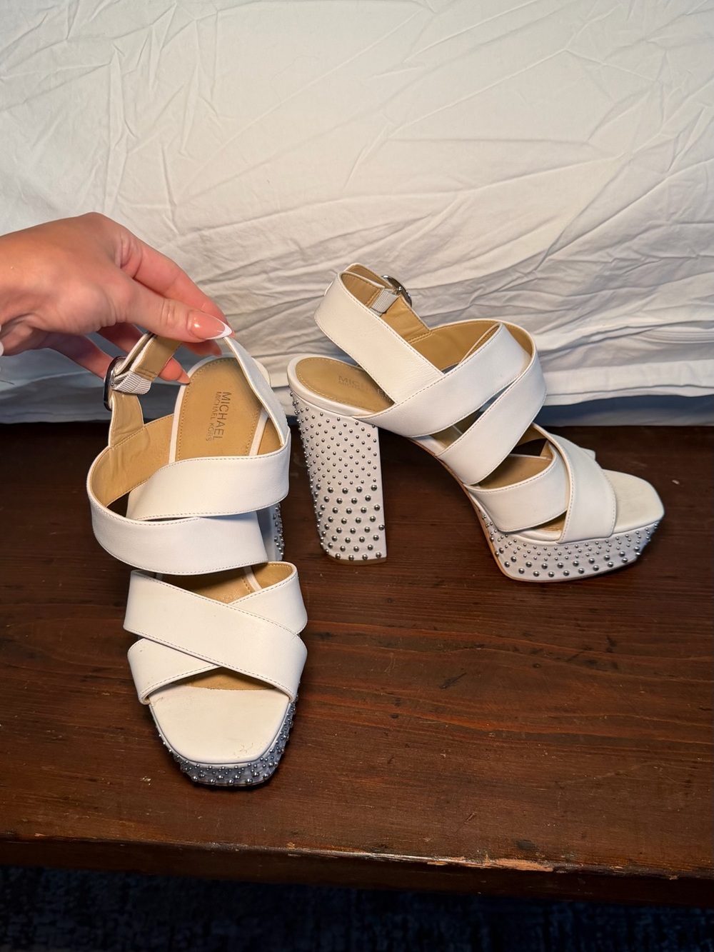 Michael Kors White Leather Platform Sandals Studded Block Heels Size 8.5